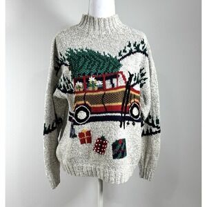 Vintage Hand Knit Christmas Sweater Woodie Car Tree Robert Scott Ramie Cotton  L